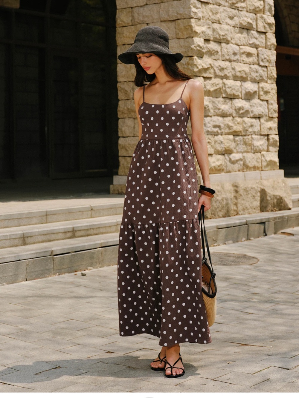 Commense Brown & White Polka Dot Spaghetti-Strap Tiered Maxi Dress - Picture 5 of 8